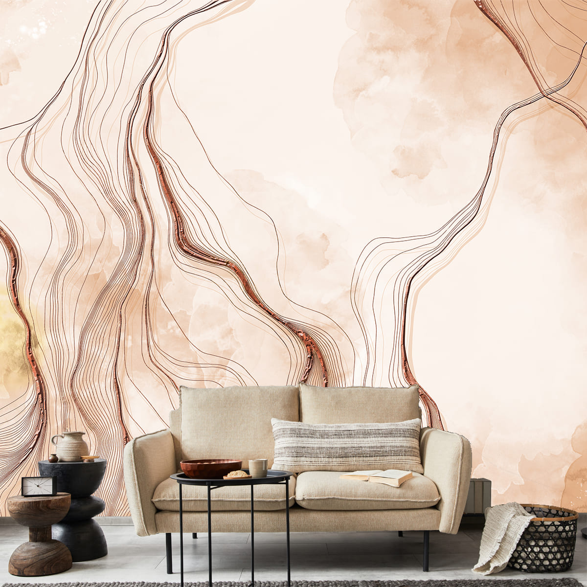 A close-up of a3D Look Marble Wallpaper with Rose Gold Color Lines, Customised Indrani Series Handmade Marble Design (Customised Size Wallpaper )available at Material Depot in Bangalore